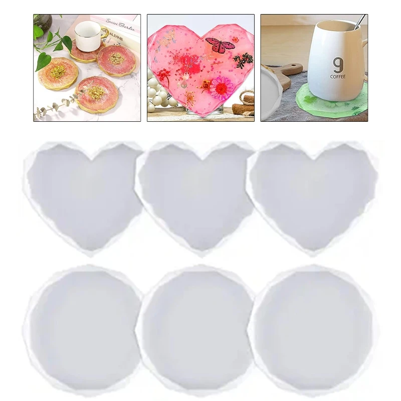 

6 PCS Heart-shaped Round Coaster Epoxy Molds Resin Casting Molds for Craft Making Agate Slice Coasters Cup Mats B36D