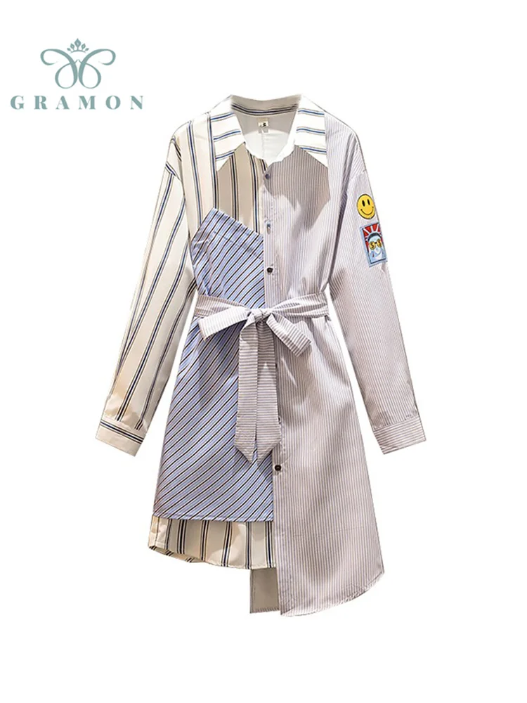 

Autumn Shirt Dress Vintage Fashion Party Oversize Long Sleeve Spliced Asymmetric Striped Dresses Belt Turn Down Collar Vestidos