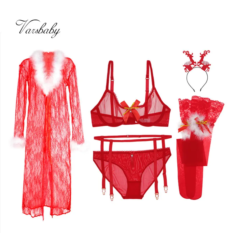 Varsbaby sexy transparent underwear set 6 pcs bras+panties+garters+stockings+antler headband+nightgown christmas big red bra set