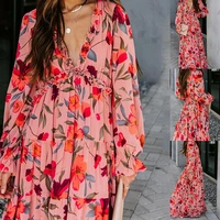 elegant womens dresses summer 2021 sexy v neck floral print maxi dress boho beach dress ruffle stitching dress a line