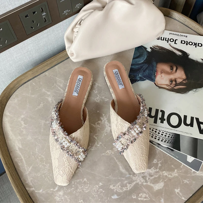 Lace Mules Shoes Women Flat Slippers Pearl Decoration Pointed Toe Female Fashion Slides Slip On Ladies Summer Autumn Loafers | Обувь