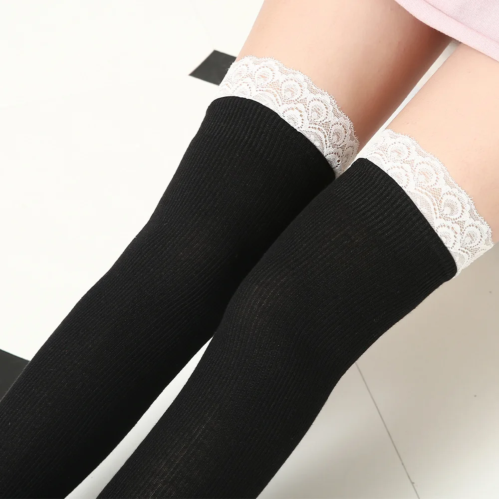 

European and American Sweet Socks Long Socks Thigh High Cotton Socks Lace below the Knee Slimming Stockings