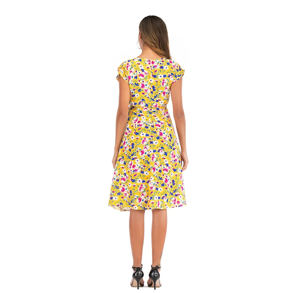 

Women's Summer Dress Print Flower V-neck Short Sleeve Dress Beach Skirt Ladies Casual Dress