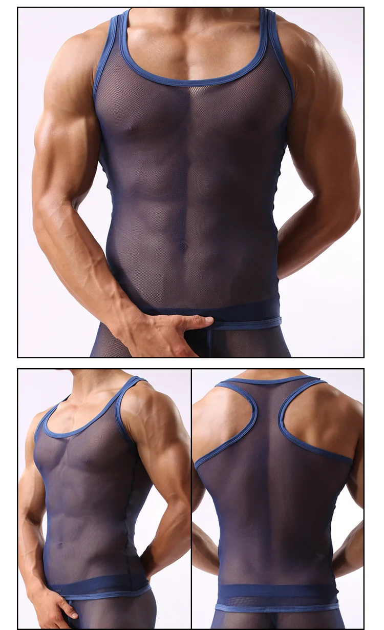 Sexy See Through Mesh Tanks Top Men 2020 New Sleeveless Fitted White Muscle Male Transparent Perspective Fishnet Undershirt | Мужская