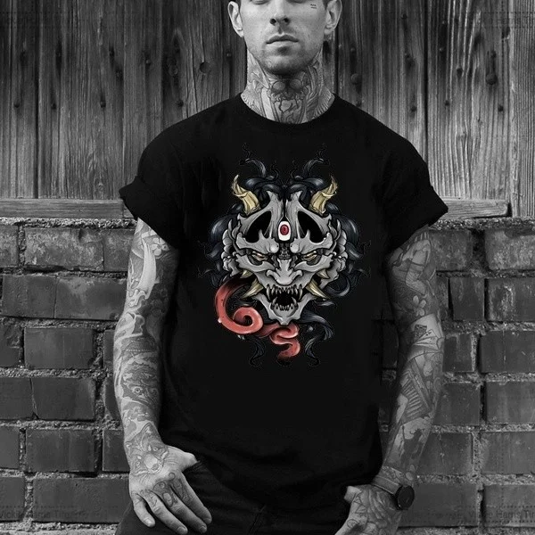 

100% Cotton Novelty Printed Men T ShirtsMan hip hop street wear shirt man devil print short-sleeved loose retro devil T-shirt
