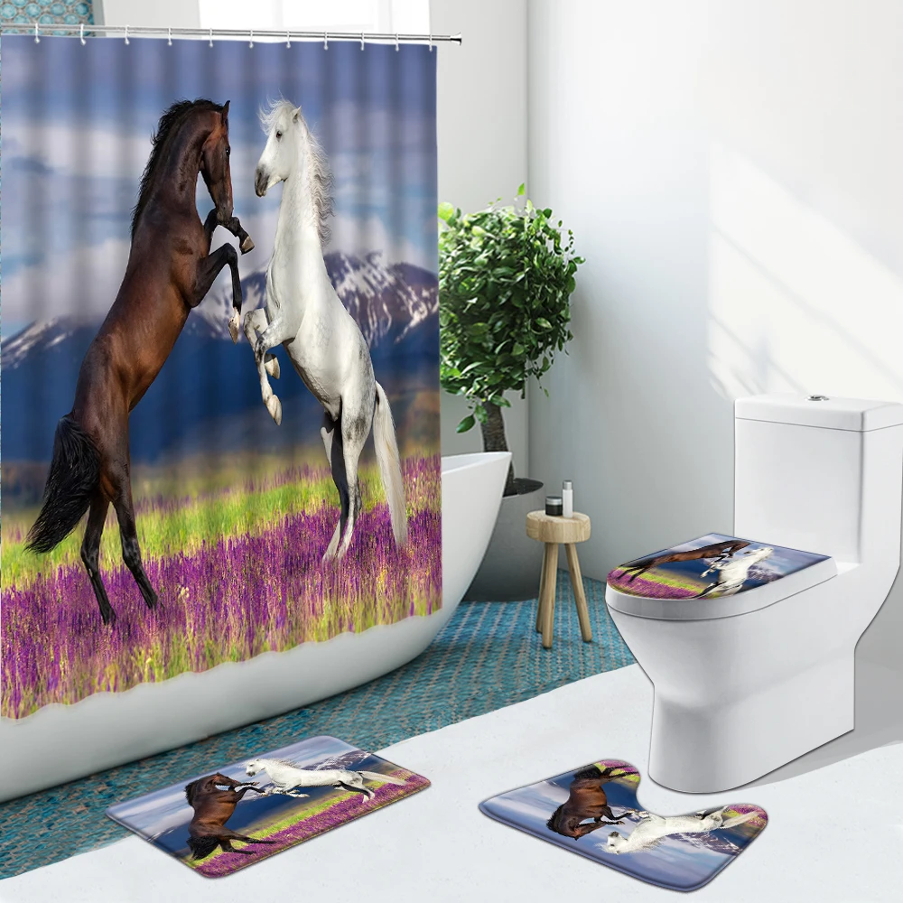 Черно-белая занавеска для ванной комнаты с изображением зебры и цветов