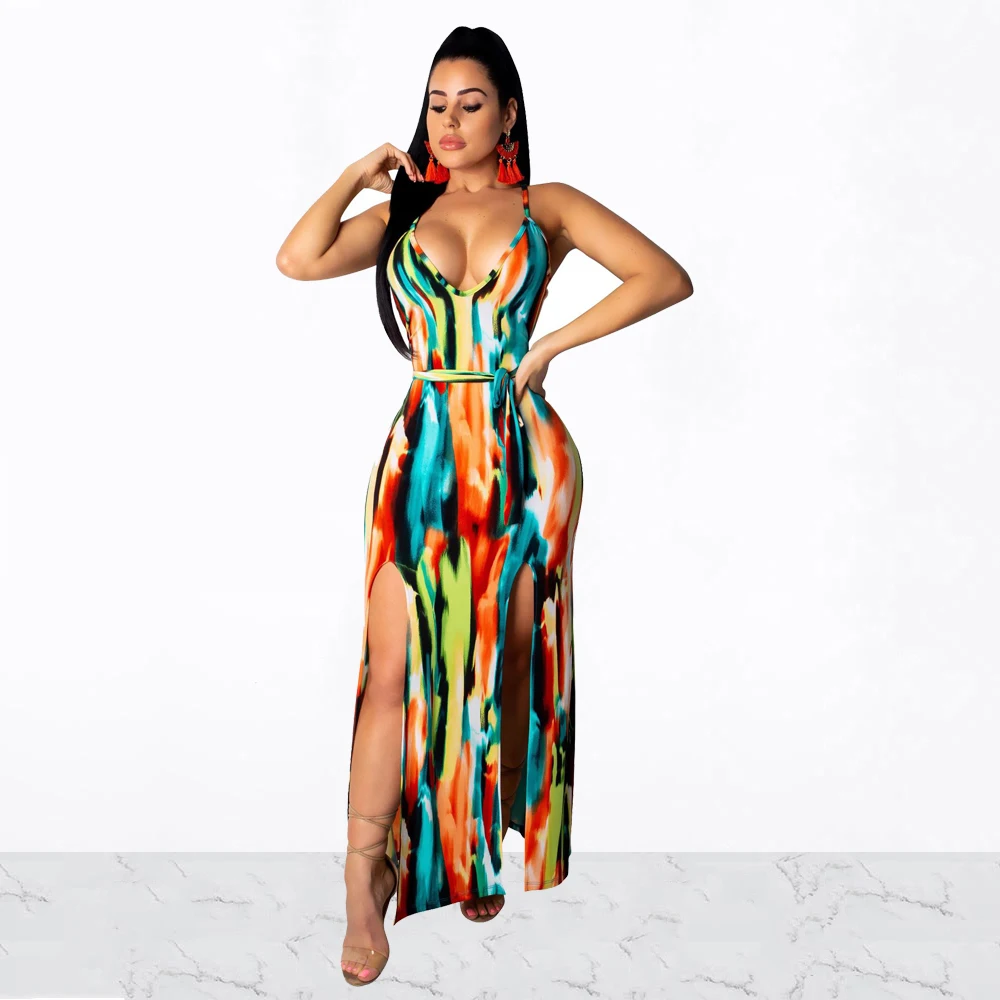 Spaghetti Strap Sexy Maxi Tie Dyed Print Dress With Sash Summer Double Side Slit Irregular Party Women Sleeveless Vestidos Женская