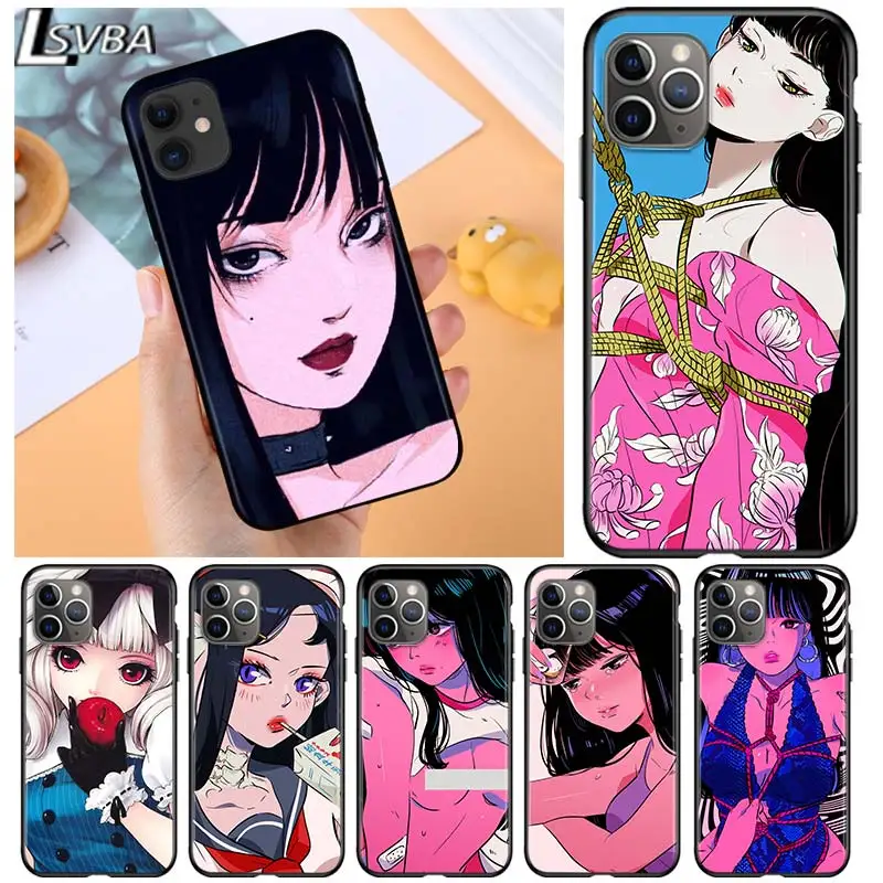 

Anime illustration Girl for Apple iPhone 12 Pro Max Mini 11 Pro XS Max X XR 6S 6 7 8 Plus 5S SE2020 Soft Black Phone Case