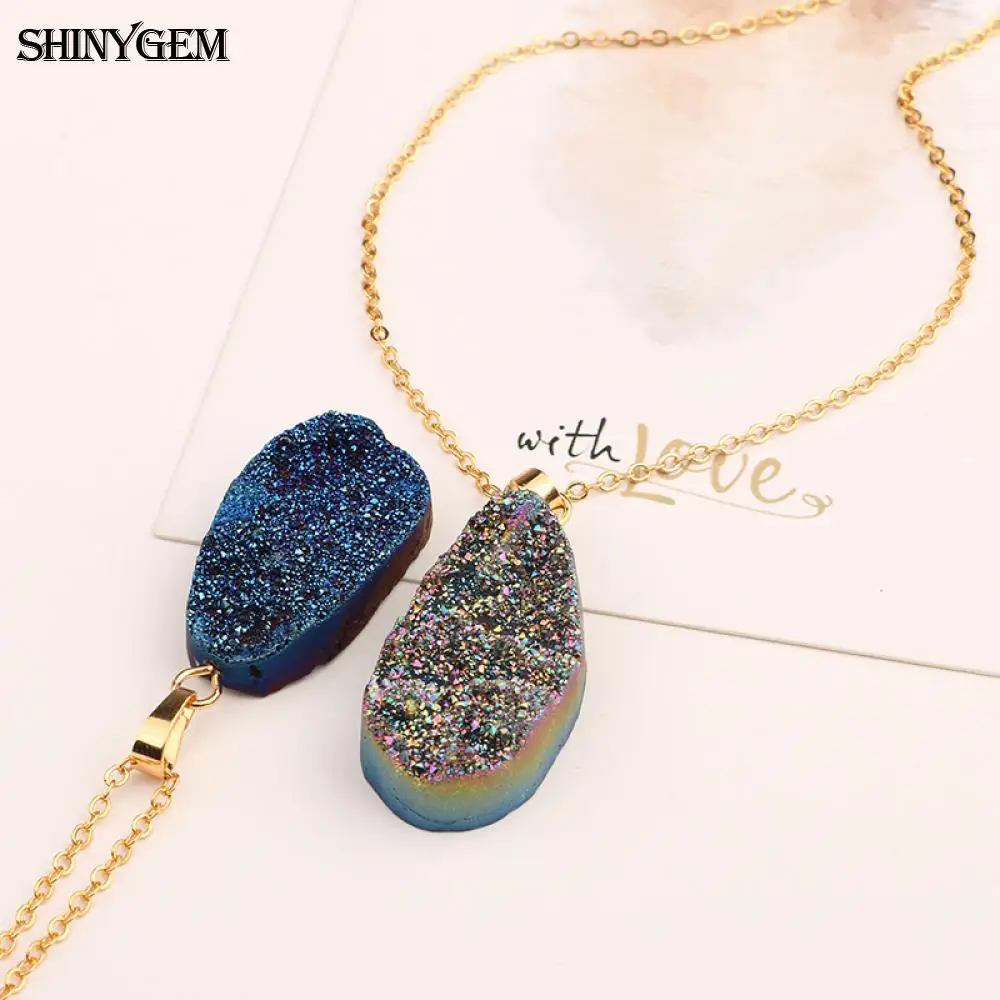 Yamee Irregular Crystal Pendant Necklaces big Druzy Natural Stone Gold Plating Chain Long For Women | Украшения и аксессуары