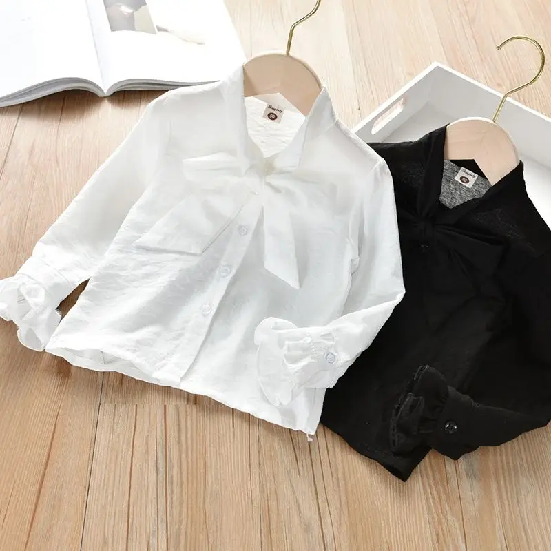 

2021 Girls Spring and Autumn Children's long-sleeved shirt white shirt princess bow Western style clothes