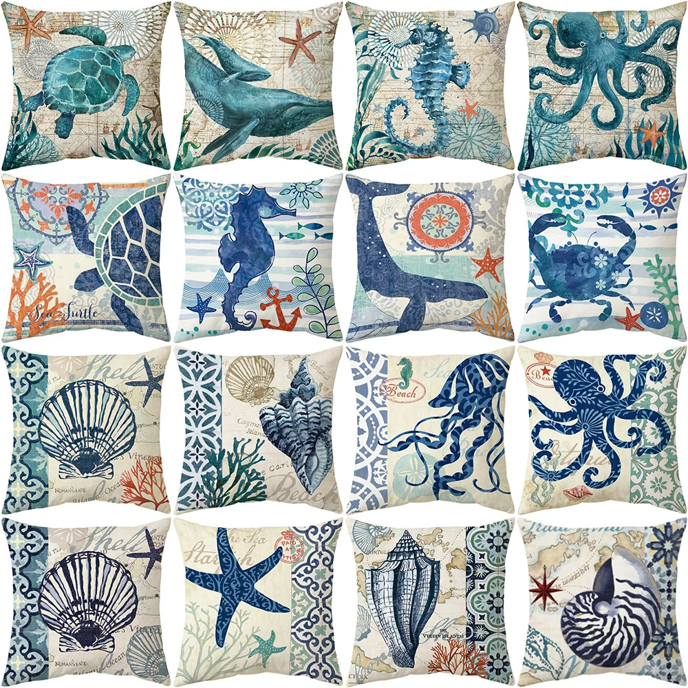 

Sea Turtle Mermaid Pattern Cotton Linen Throw Pillow Cushion Cover Car Home Bed Decoration Sofa Bed Decorative Pillowcase