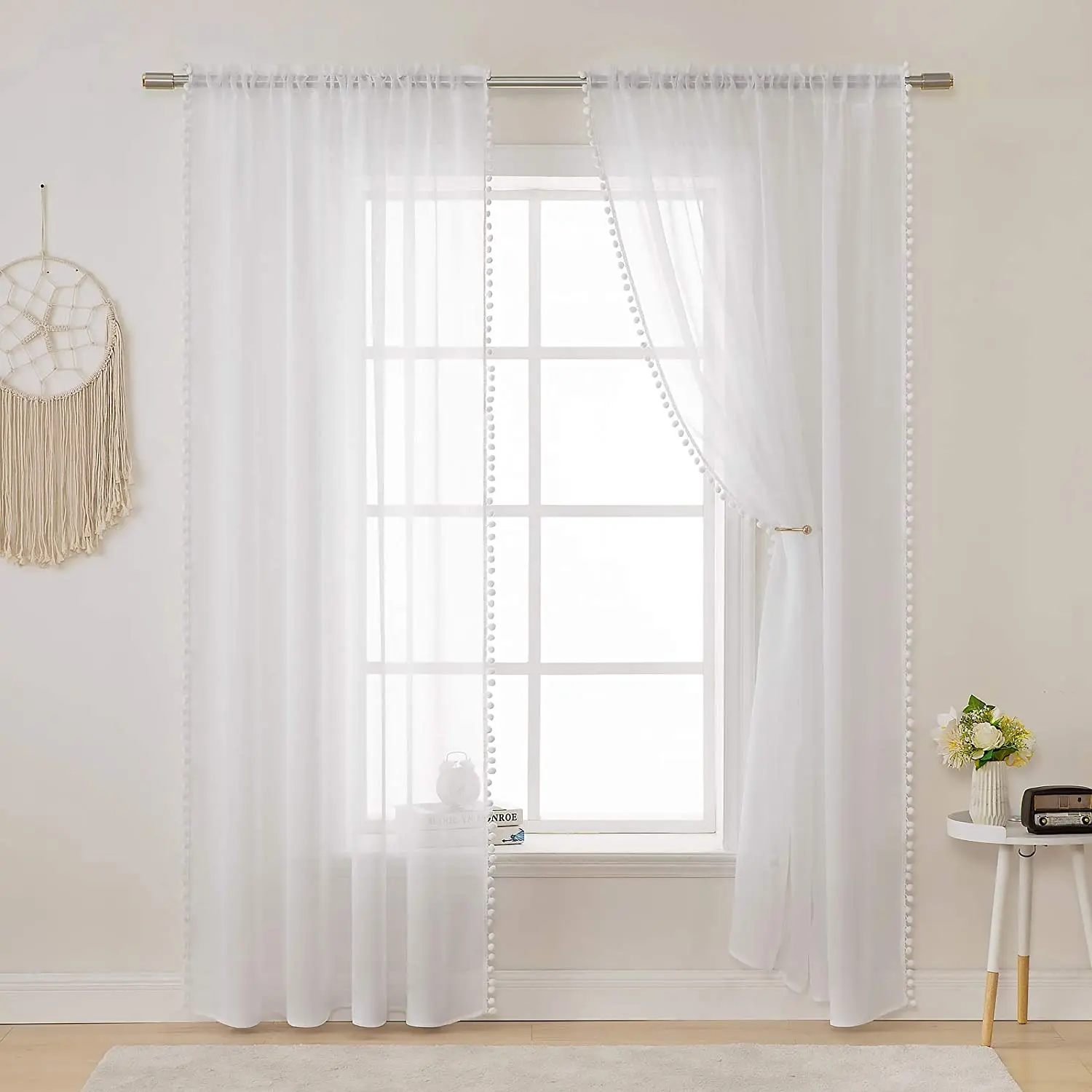 

Cotton Linen Modern Window Tulle Curtain Light Transmission Curtains Wool Ball Bohemian Curtains Sheer For Living Room Bedroom