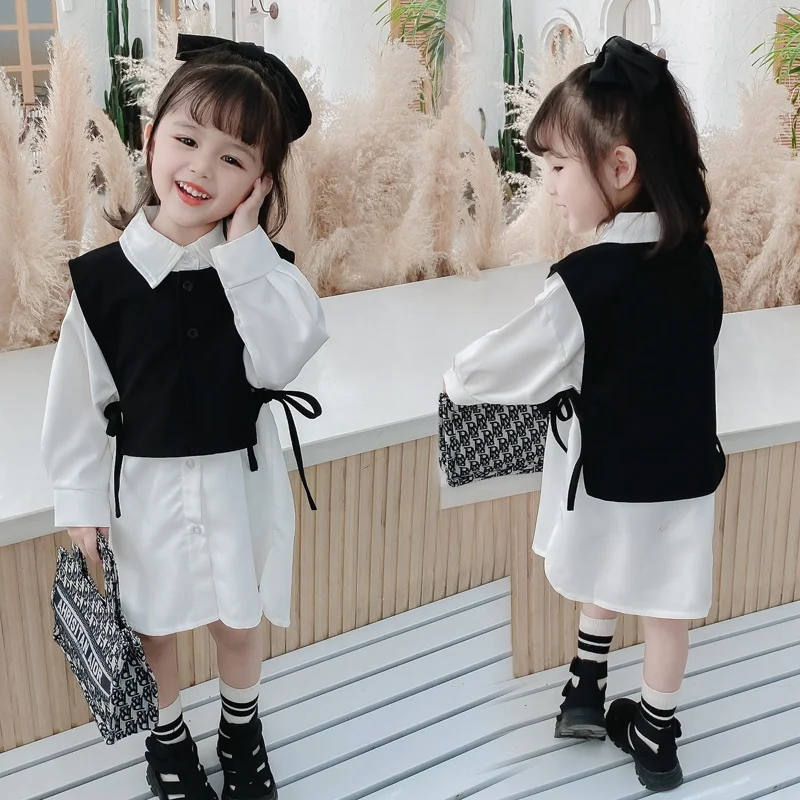 

Newborn Baby Girl Long Sleeve Shirt Dress with Vest Summer Casual Clothes Set A-Line Dress Shirt Top Dress Outfit