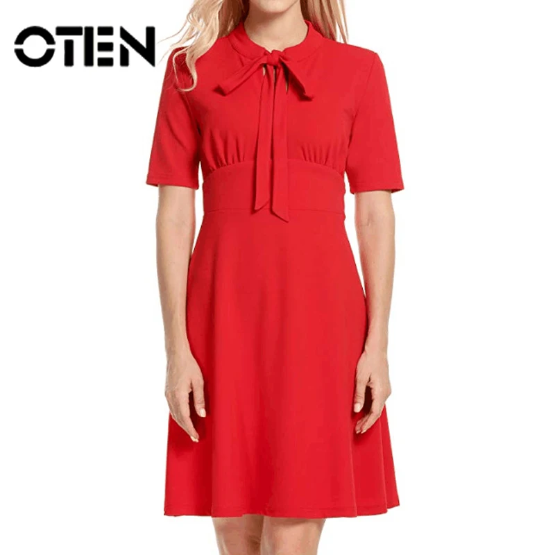 OTEN Плиссированное однотонное простое платье для вечеринки с высокой талией