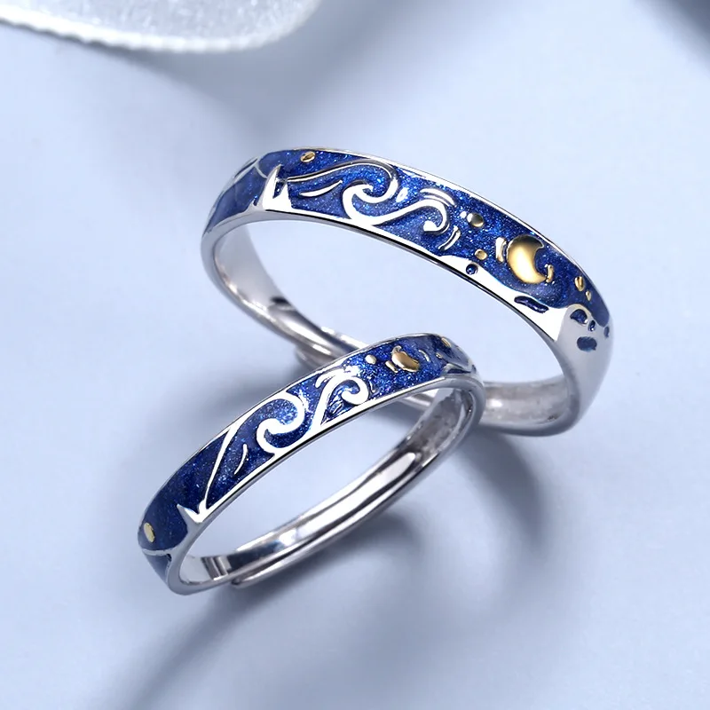 

S925 Sterling Silver Moon Star Starry Night Van Gogh Adjustable Open Rings for Women Men Couple Lover's Jewelry Drop Shipping