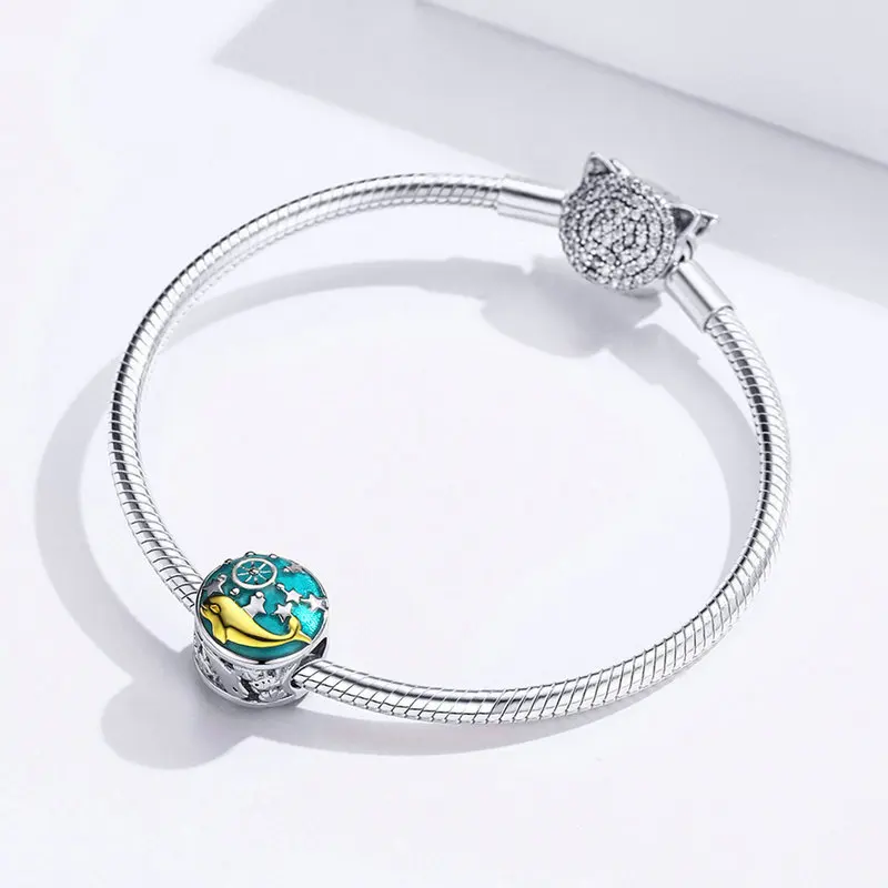 MOWIMO, 925 пробы, Серебряный КИТ, рыба, круглые синие Бусины, подходят для браслетов Pandora, амулеты, серебро 925, оригинальные ювелирные изделия Pandent BKC1296
