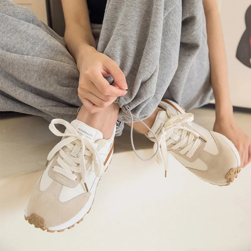 Casual Sneakers Women Suede Leather Patchwork Mixed Colors Lace-Up Round Toe Platform Shoes Lady Flats Handmade