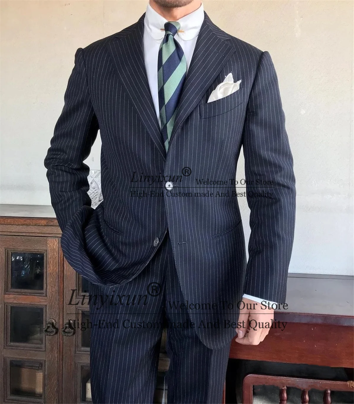 

Fashion Navy Blue Pinstripe Men Suit Slim Fit Wedding Groom Tuxedo Business Casual Blazer 2 Pieces Costume Homme (Jacket + Pant)