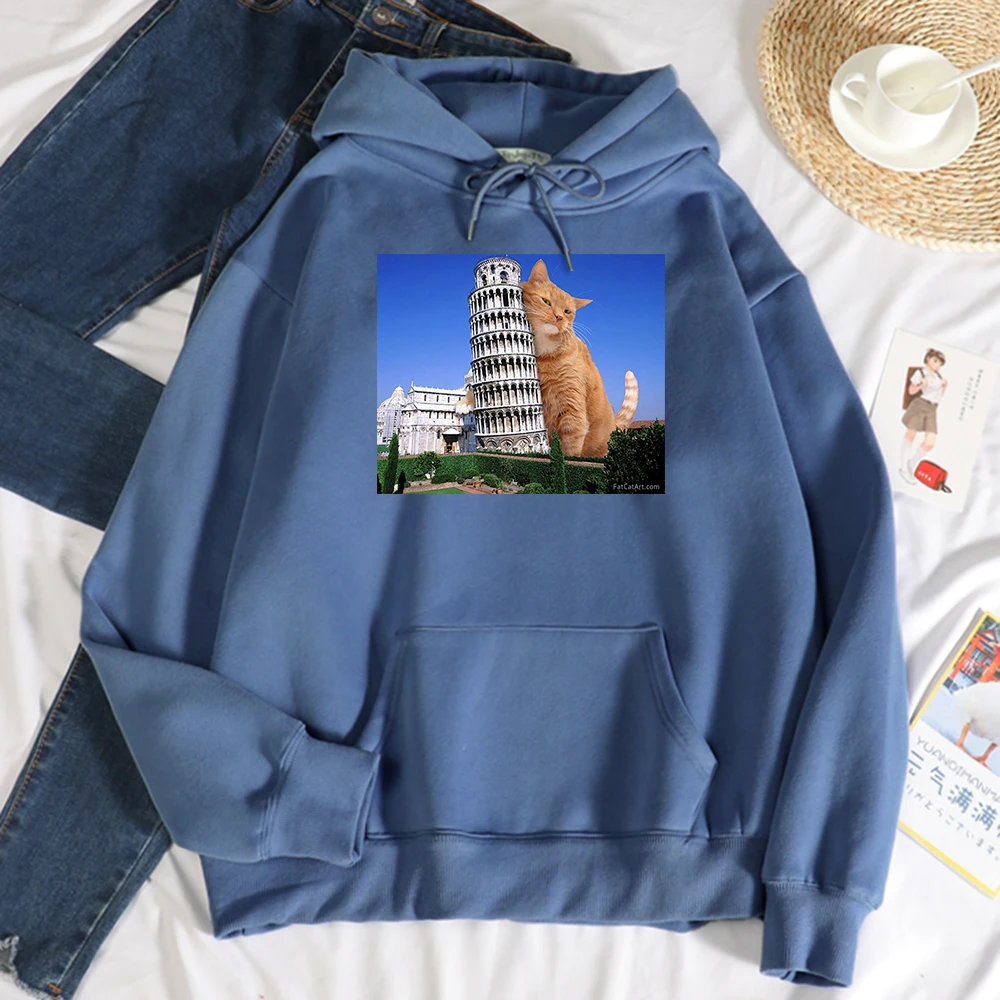 

Leaning Tower Of Pisa And Cat Print Women Hoody Hip Hop Crewneck Hoodies New Fleece Pullovers Fashion Casual Womens Sweatshirts