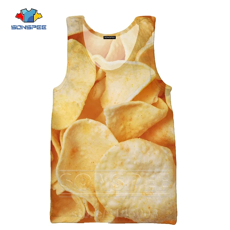 Жилет с чипсами модная новинка 3D принт еда женщины картофель футболка уличная