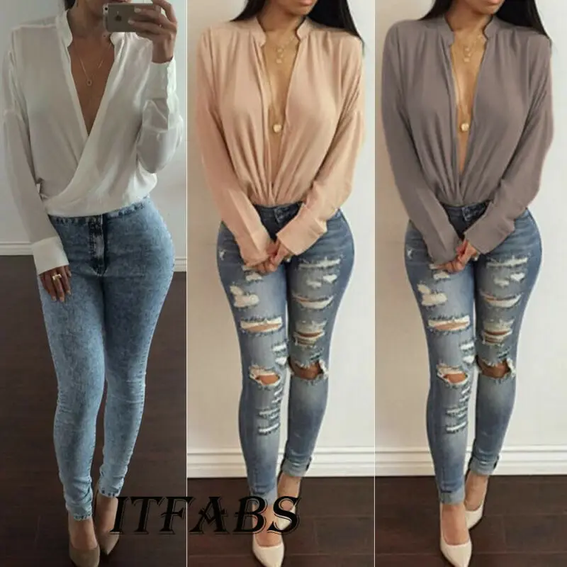 Womens Blouse Shirt Long Sleeve Stand Collar Solid Color Loose Chiffon Cardigan Deep V Neck Fashion Office Shirts Autumn | Женская