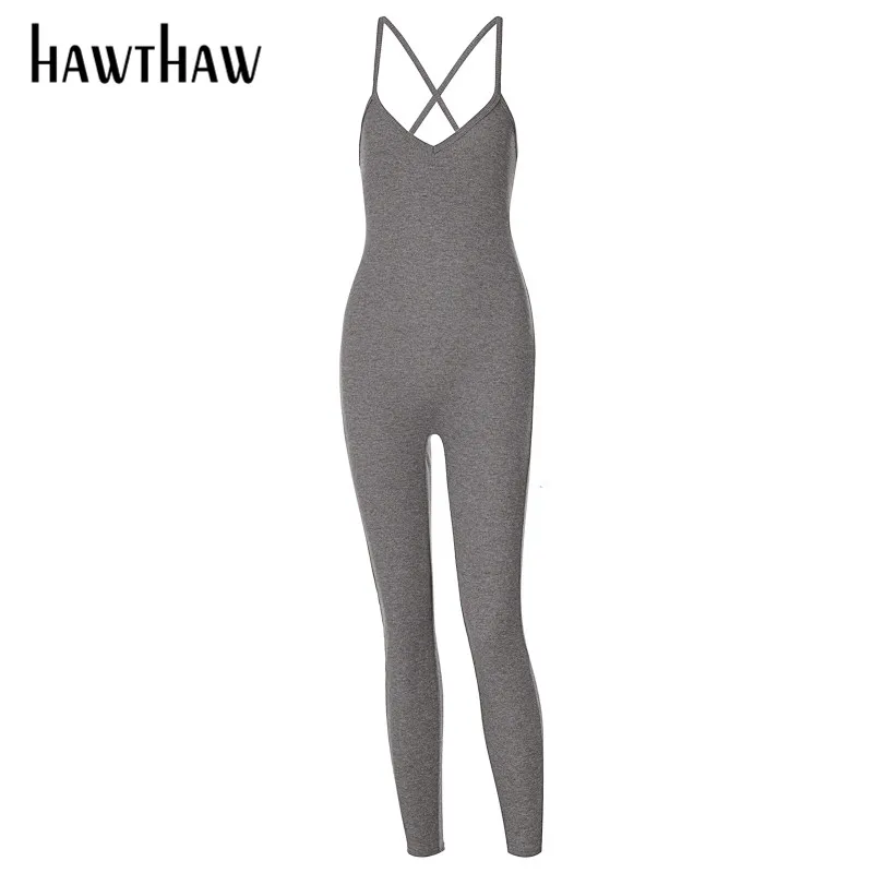 

Hawthaw Women Summer V Neck Soild Color Bodycon Sportswear Backless Jumpsuit Overall Playsuit 2021 Female Clothing Streetwear