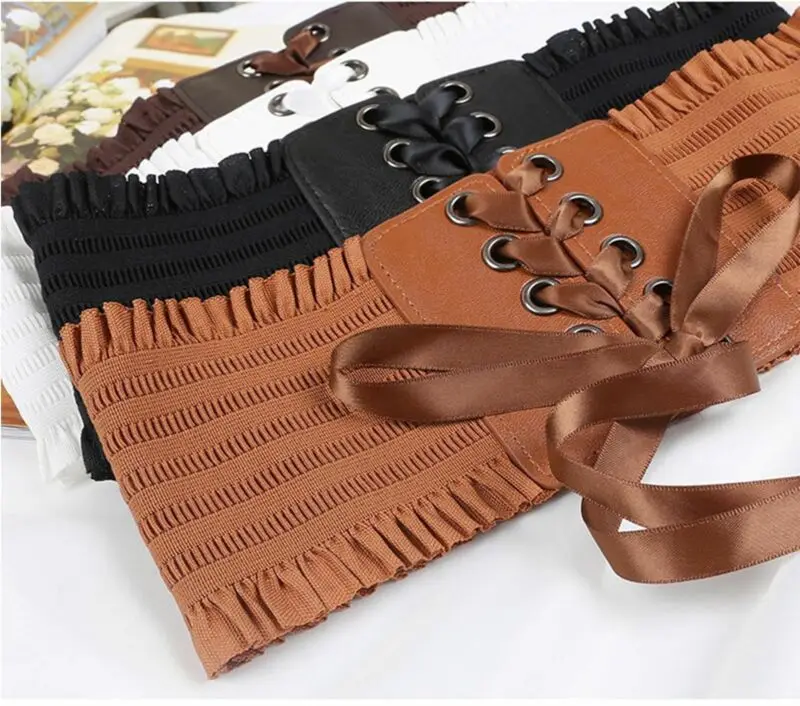 

Women Ladies Soft PU Leather Wrap Around Tie Waistband Lace Up Eyelet Cotton Corset Belt Cinch Waist Wide Dress Belt