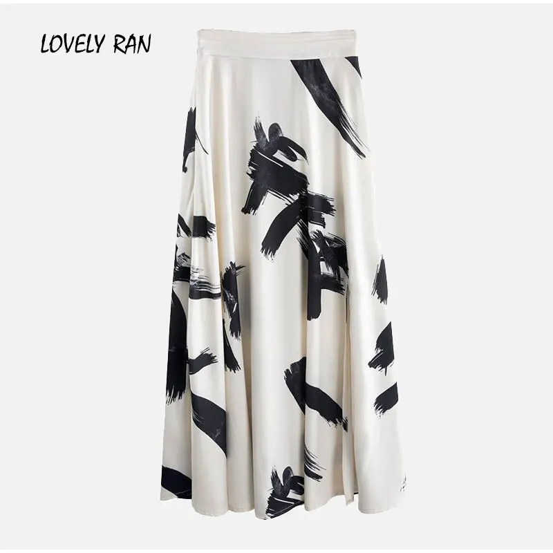

Printed Split A-Line Women Long Skirt Elegant Elastic High Waist Beach Female Skirts 2021 Summer Fashion Office Lady Bottoms