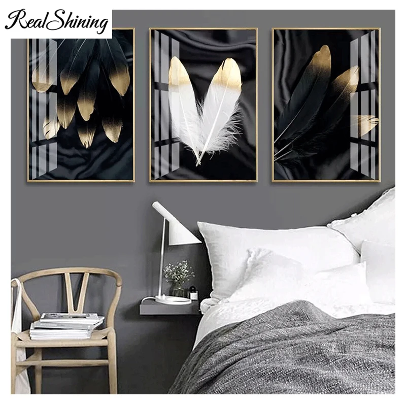 

Современная Алмазная картина с черно-белым пером, квадратная Круглая Мозаика, алмазная Вышивка крестиком, Кристальные стразы, 3 шт.