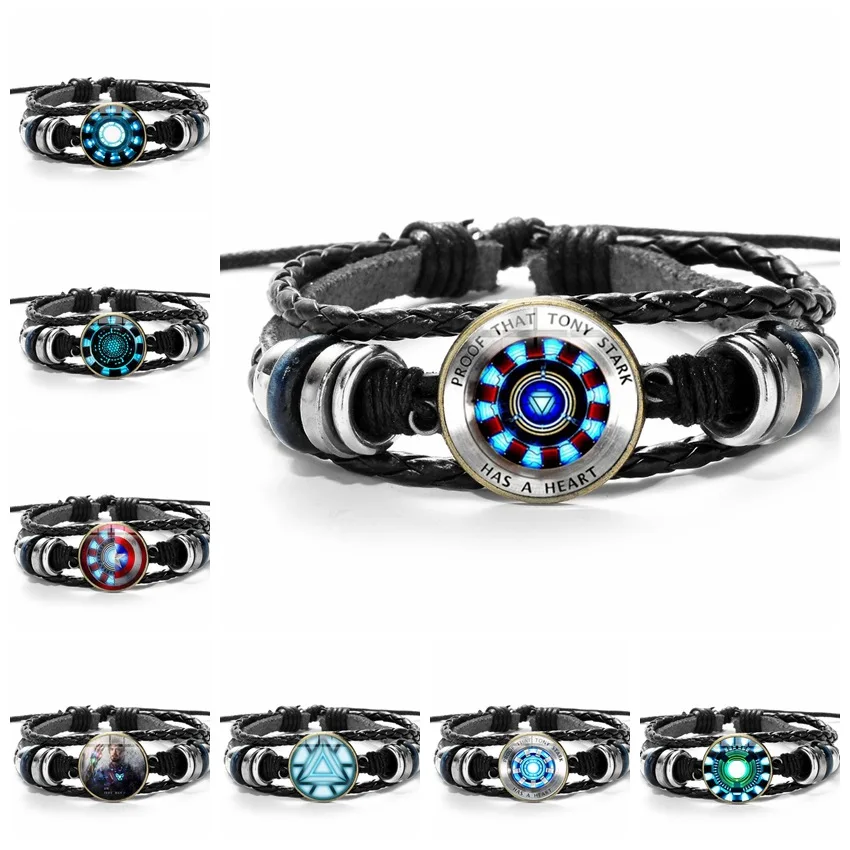 

3D Marvel Leather Bracelet The Avengers Iron Man Action Tony Stark Arc Reactor Printed Glass Gem Charm Bracelet Bangles