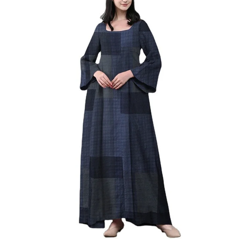 

Donsignet Women Dress O-Neck Flare Sleeve Long Dresses Spring Autumn Fashion Vestido Feminino Plaid Print Plus Size Long Dress