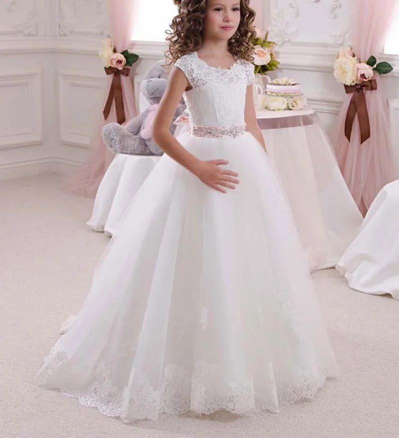 

Cap Sleeve O-Neck Cute Lace Puffy Princess Dress Little Flower Girls Wedding Dress Party Dress for Small Girls from 3-12 ages