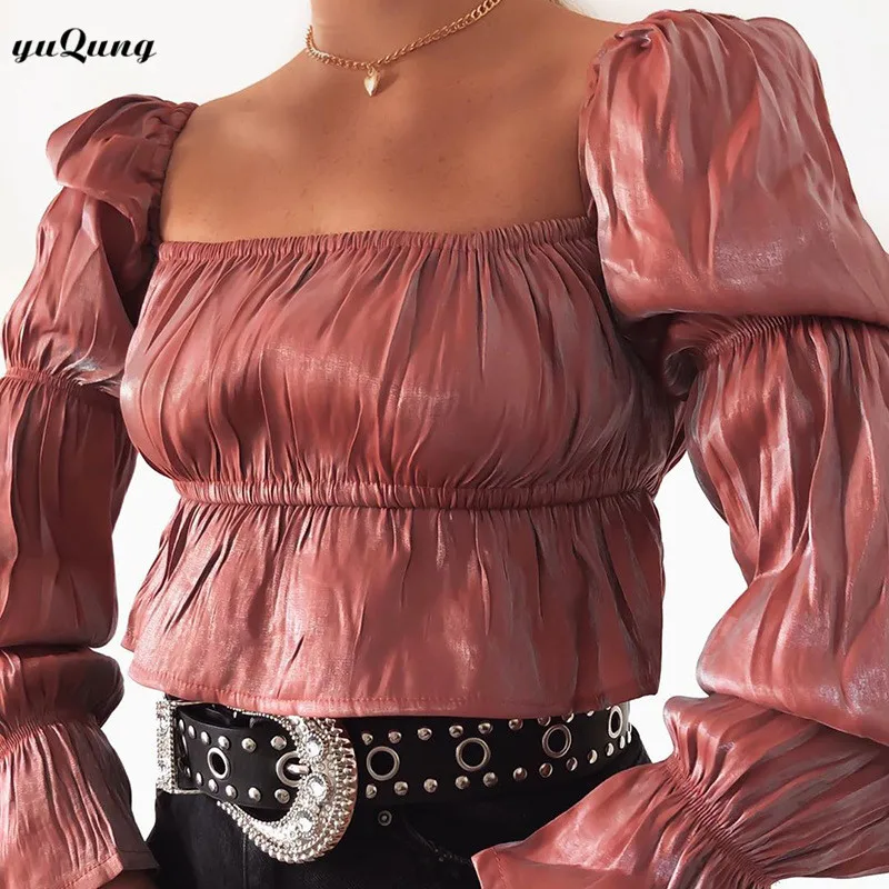Yuqung женская короткая блузка с длинным Расклешенным рукавом укороченный топ