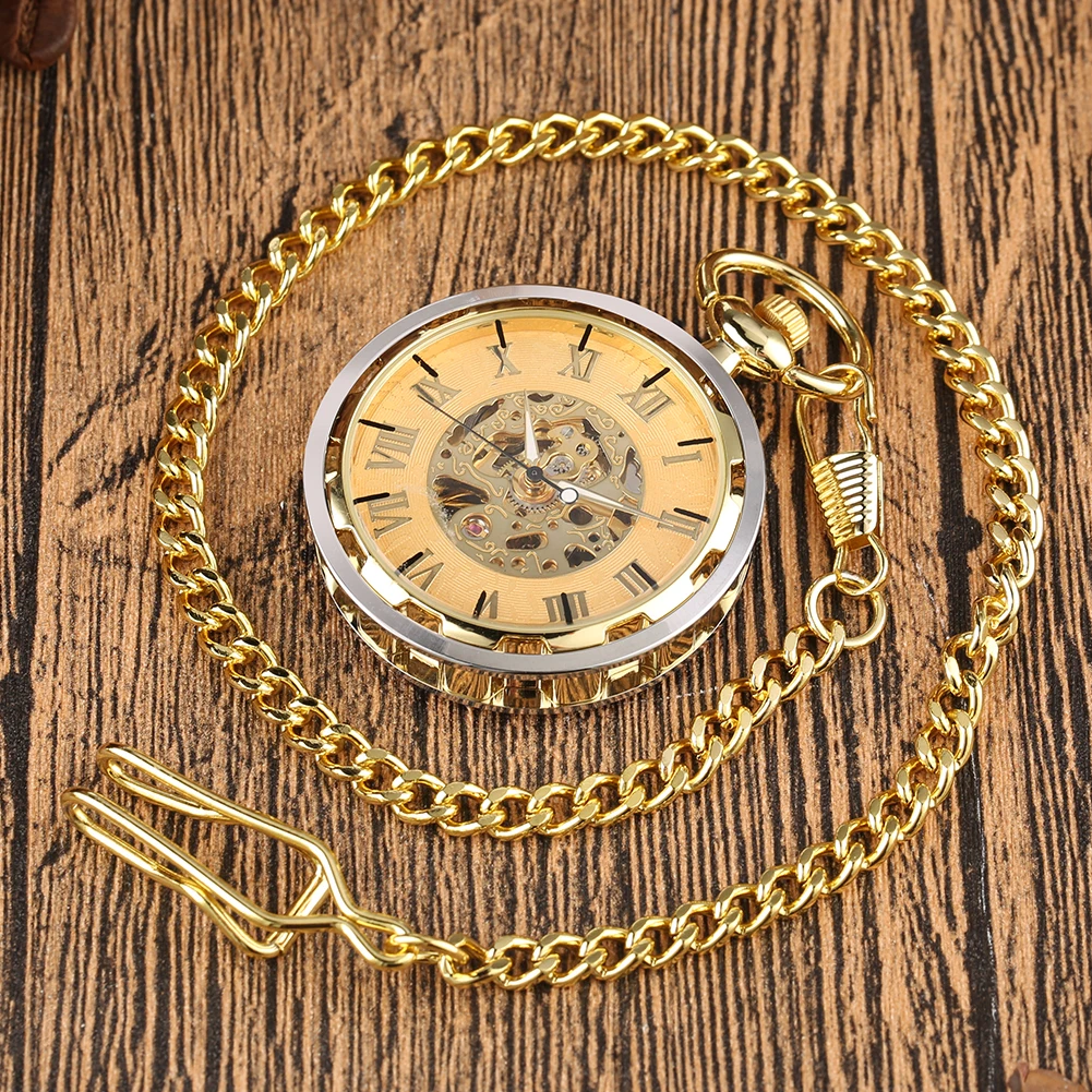 

Unique Luxury Roman Number Mechanical Pocket Watch Hollow Skeleton Clock Steampunk FOB Chain Hand-winding Pendant Watches Gifts
