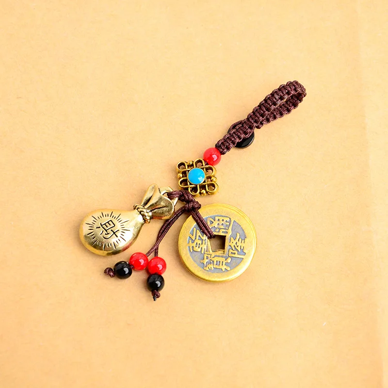 

Handmade Rope Lucky Feng Shui Hanging Vintage Brass Money Bag Keychain Pendant Jewelry Ancient Five Emperors Coins Car Key Chain