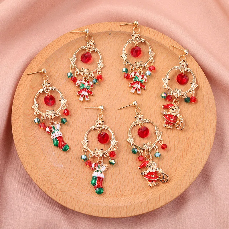 

Christmas Gold Wreath Crutch Santa Claus Colorful Bead Earrings For Women Big Long Tassel Round Circles Earings Jewelry
