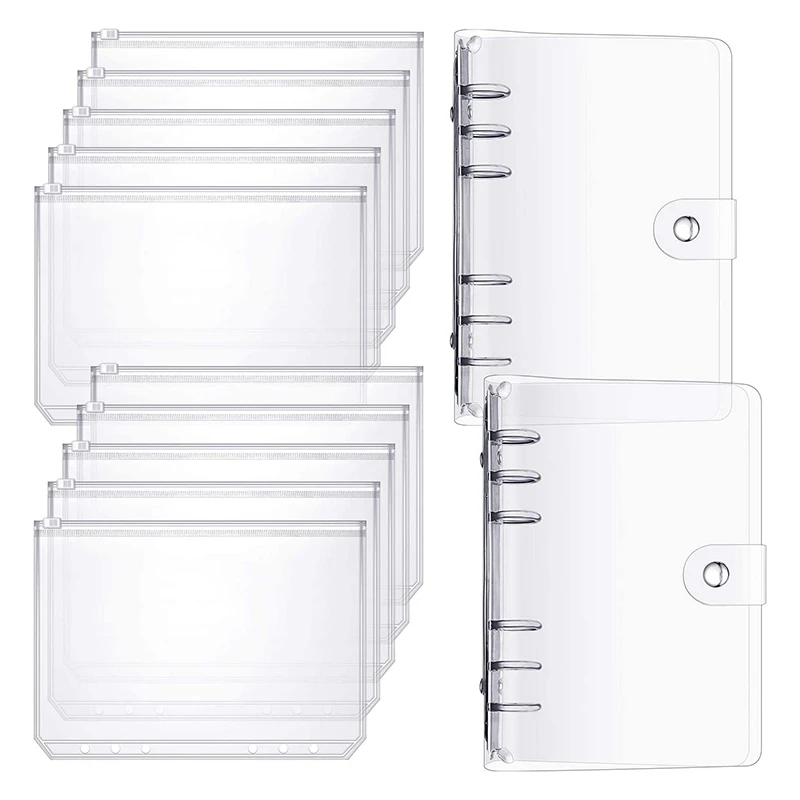 

10 Pcs A6 Size Binder Pocket 6 Holes Clear PVC Zipper Binder Pockets Loose Leaf Bag with 2 Pieces A6 Binder Cover