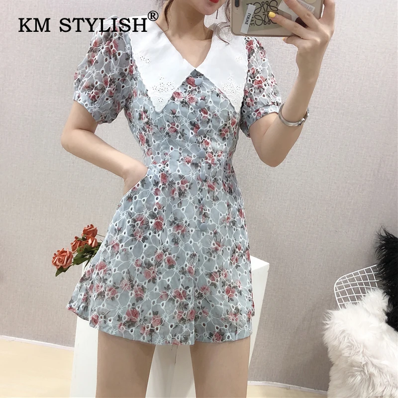 Летний женский цветочный принт с отложным воротником коротким рукавом