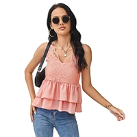 amoi temperament commuter solid color sling lace blouse pink womens clothing tank top women