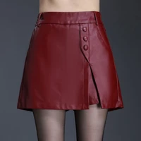 asymmetrical button decoration pu leather skirt shorts for women short elastic high waist show thin packet hip skirt skorts