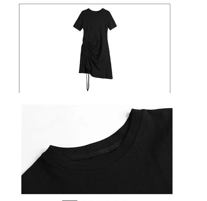 Платье женское черное с коротким рукавом длинное приталенное платье веревкой в