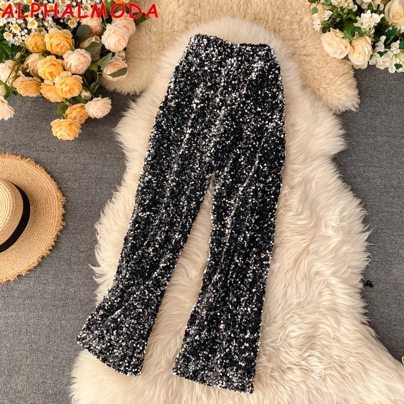 Женские брюки с блестками ALPHALMODA блестящие высокой талией и широкими штанинами