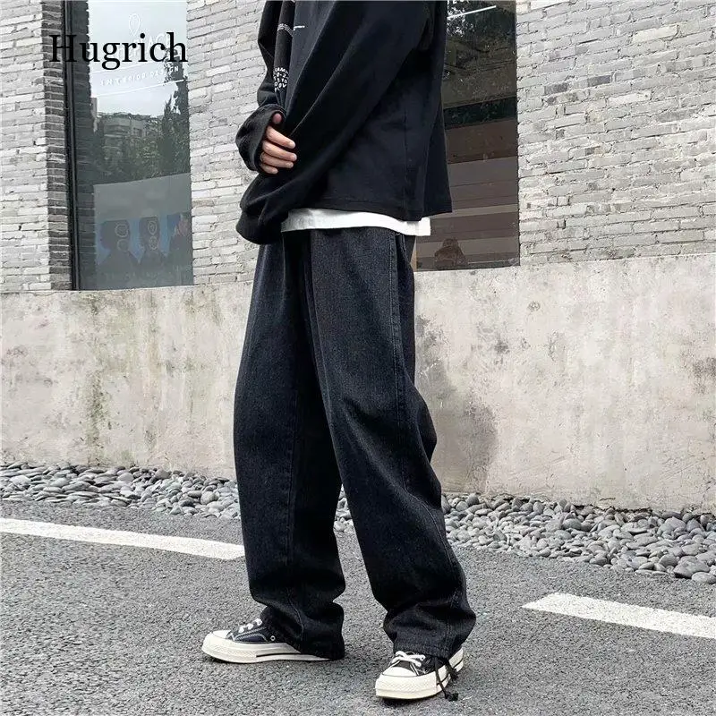 

Men Jeans Solid Drawstring Denim Full Length Straight Loose Males All-match Trendy Punk Baggy Retro Leisure Chic Cowboy Trousers