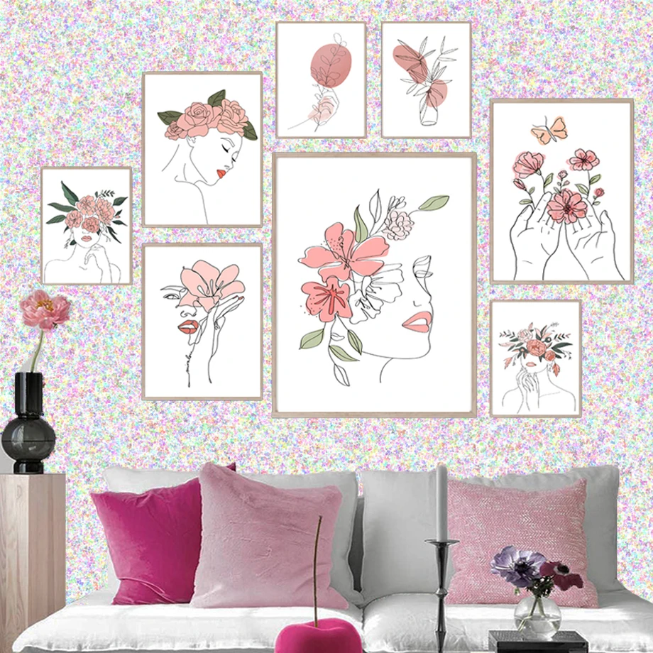 Абстрактная девушка портрет линии цветы ваза настенное искусство холст живопись