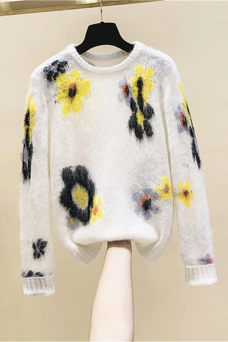 

Mohair Flower Jacquard Round Neck Pullover Sweet Sweater Female 2020 Autumn Winter New Loose Outer Sweater Women Tops Knitwear
