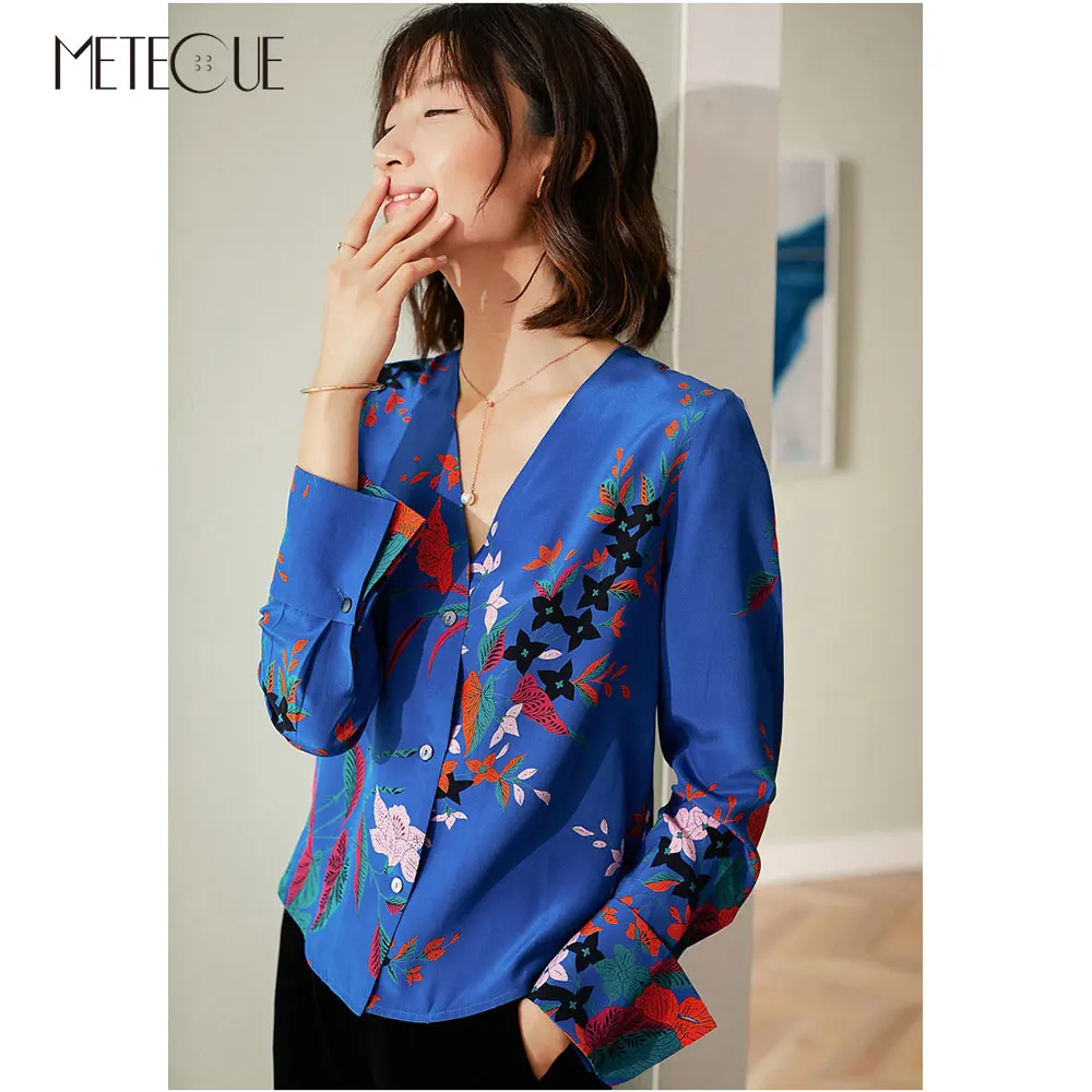 100% Шелковая женская рубашка и блузка 2019 предосенняя Мода с v-образным вырезом