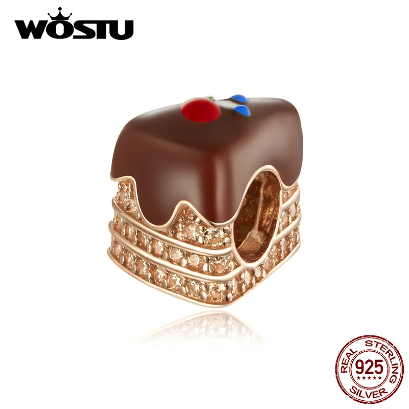 

WOSTU Chocolate Cake Charm 925 Sterling Silver Dessert Bead Brown Enamel Pendant Fit Original Bracelet Necklace Jewelry CTC349