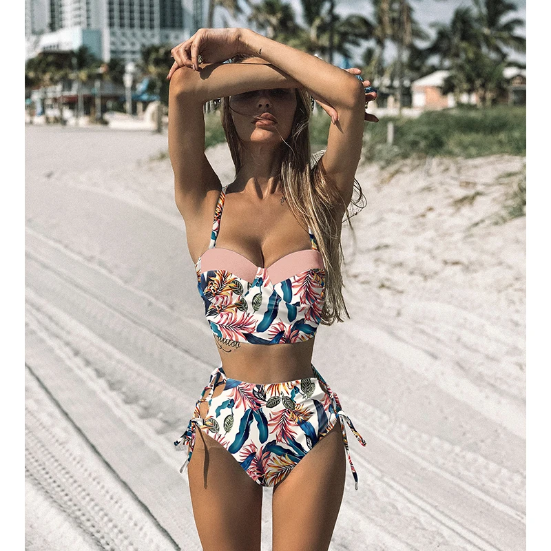 

High Waist Bikini Set 2021 mujer Push Up Bandage Bikini Swimwear Women Floral Two Pieces Swimsuit Strappy
