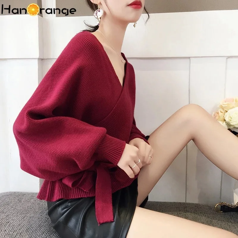 Open Back V-neck Belt Loose Pullover Sweater 2020 Autumn Winter Women Bat Sleeve | Женская одежда