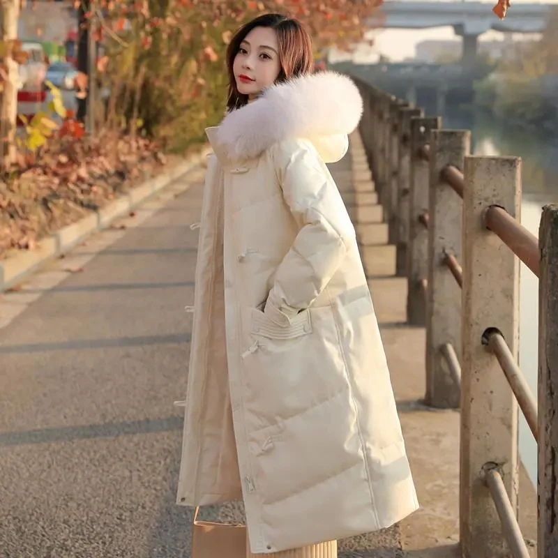 High-Grade Horn Buckle Down Padded Jacket Women Mid-Length2021Winter New Style Big Fur Collar Korean Thick Padded Cotton Clothes